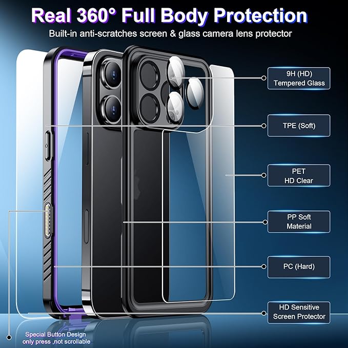 2025 New Designed for iPhone 16 Pro Case Waterproof, [Built-in Screen Protector & Glass Camera Protector][Full Body Shockproof][IP68 Underwater][Dustproof][Dropproof] Phone Case for iPhone 16 Pro 6.3"
