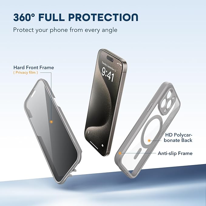 TIESZEN for iPhone 15 Pro Max Case, Compatible with MagSafe, Built-in Privacy Screen Protector and Camera Protection, Anti Spy Full Body Dustproof Shockproof Hard Phone Case 6.7", Light Grey