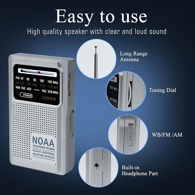 NOAA Weather Radio Portable Radio, Best Reception, AM FM Transistor Radio for Mowing, Jogging, Cycling, Gardening, Powered by 2 AA Battery