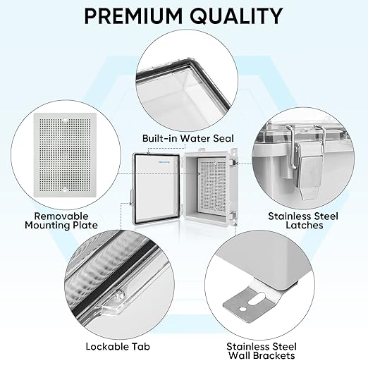 TICONN Outdoor Electrical Box Waterproof, Junction Box IP67 ABS Plastic Enclosure with Hinged Cover with Mounting Plate, Wall Brackets, Cable Glands (Clear, 11"x7.5"x5.5")