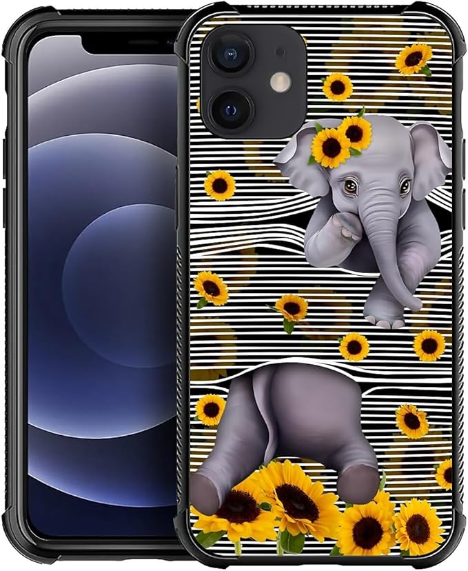 for iPhone 12 Mini Case, Cute Little Elephant Sunflower White Line Art Pattern Made of Soft Silicone Hard Acrylic Shock Protection for iPhone 12 Mini