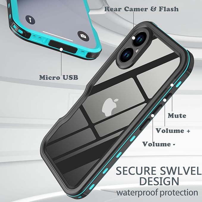 for iPhone 16 Case Waterproof, [Shockproof] [Dustproof] [IP68 Waterproof] Full-Body Hard Case Built-in [Lens Screen Protection] for Diving Case (Teal, for iPhone 16 6.1in)
