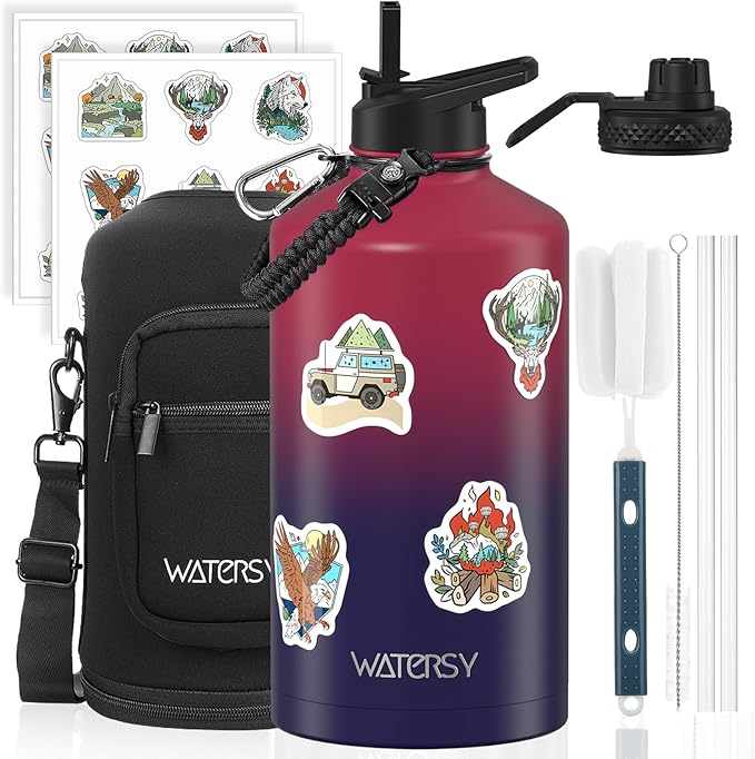 1 Gallon Water Bottle Insulated(Cold for 48 Hrs),BPA Free&Leak Proof,128oz Stainless Steel Water Jug,Large Water Bottle with Straw Spout Lids for Gym,Hiking,Camping&Travel,Red Purple