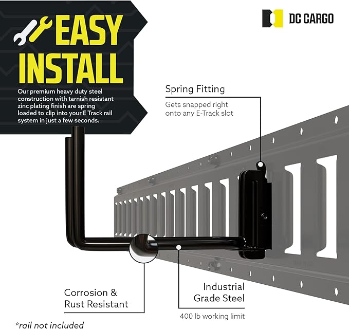 DC Cargo Mall Heavy Duty Hook Hanger E Track Accessories 7.5" Deep (8 Pack) - Garage Wall Mount, Box Truck, Enclosed Trailer, Storage ETrack System - Universal Garage Storage Organizer for Tools