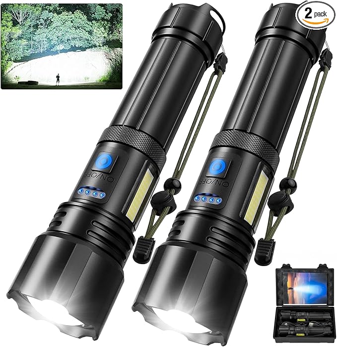 Flashlight Rechargeable Flashlights High Lumens, 99,000 LM Bright LED Flashlight Powered Flash Light, USB Rechargeable Flashlights & Waterproof Handheld Flash lights for Home Camping Hiking(2 Pack)