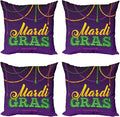 Ambesonne Mardi Gras Throw Pillow Cushion Case Pack of 4, Beads and Tassels Masquerade Theme Calligraphy Design Fun Print, Modern Accent Double-Sided Digital Printing, 24", Purple Marigold