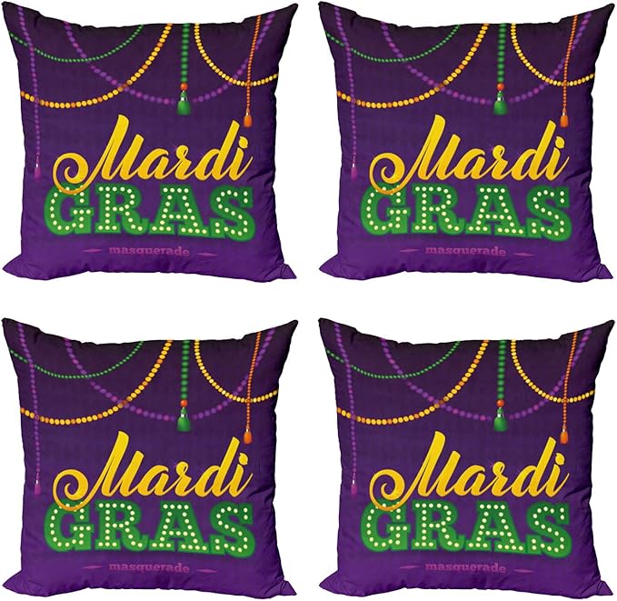 Ambesonne Mardi Gras Throw Pillow Cushion Case Pack of 4, Beads and Tassels Masquerade Theme Calligraphy Design Fun Print, Modern Accent Double-Sided Digital Printing, 20", Purple Marigold