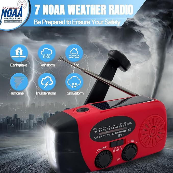 Emergency Hand Crank Weather Radio, AM/FM NOAA Portable Solar Radio with 2000mAh Battery Phone Charger, SOS Alarm & Survival Flashlight for Indoor/Outdoor, Emergency, Hurricane (Red)