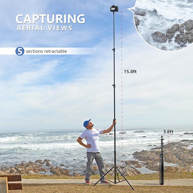 【16' Heavy Duty】 RAUBAY Extreme Tall Video Camera Sports Tripod Stand Air-Cushioned Telescoping Aluminium Alloy Light Stand with 1/4"& 3/8" Screw Adapter, Professional Sky High Tripod - TT480 Black…