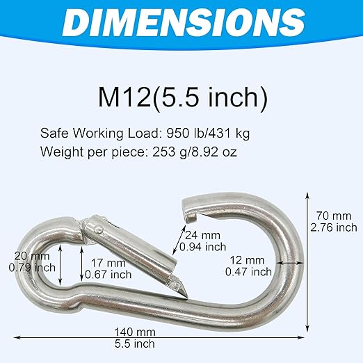 304 Stainless Steel Carabiners -5.5 inch Heavy Duty, Durable & Rust-Free Clips for Gym, Swing, Dog Leashes, Hammocks, Keychains, and More(304,M12,Pack of 1)