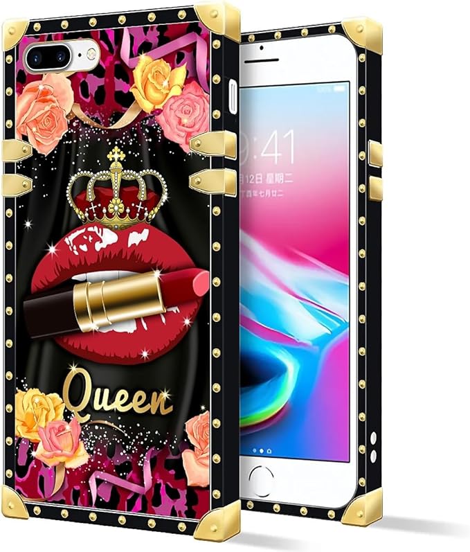 Compatible with iPhone 8 7 SE Case, Queen Lip Crown Leopard Print Luxury Golden Decoration for Girl Women Soft TPU Shockproof Protective Hard PC Back for iPhone 8 7 SE