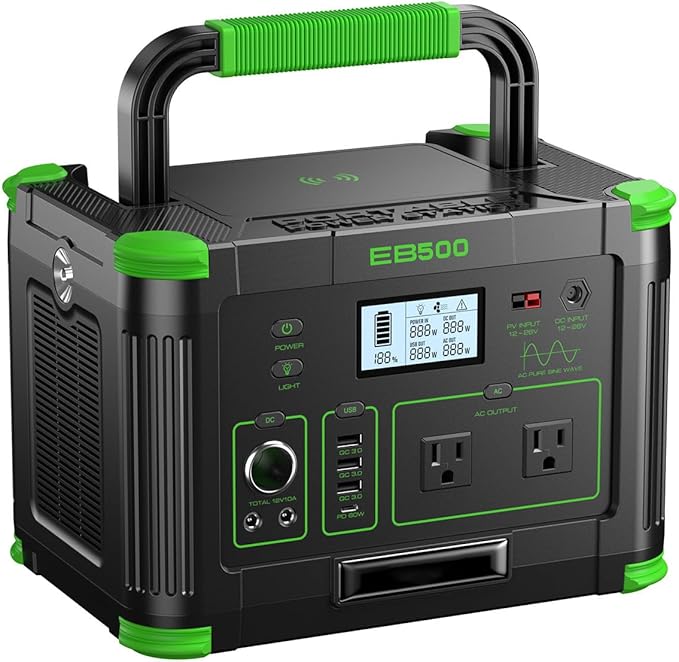 Portable Power Station 500W (Peak 1000W), 519Wh Solar Generator with 2 AC 110V Outlets, USB-C PD 60W Fast Charging, 10 Ports including Wireless Charger for Camping, RV, Emergency, and Backup