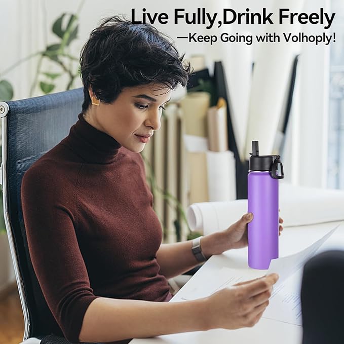 Volhoply 24oz Insulated Water Bottle With Straw Bulk 6 Pack,Metal Wide Mouth Water Bottles With Handle Lid Keep Cold,Reusable Double Wall Cups,Powder Coated Sport Bottle For Holder(Purple,6 Count)