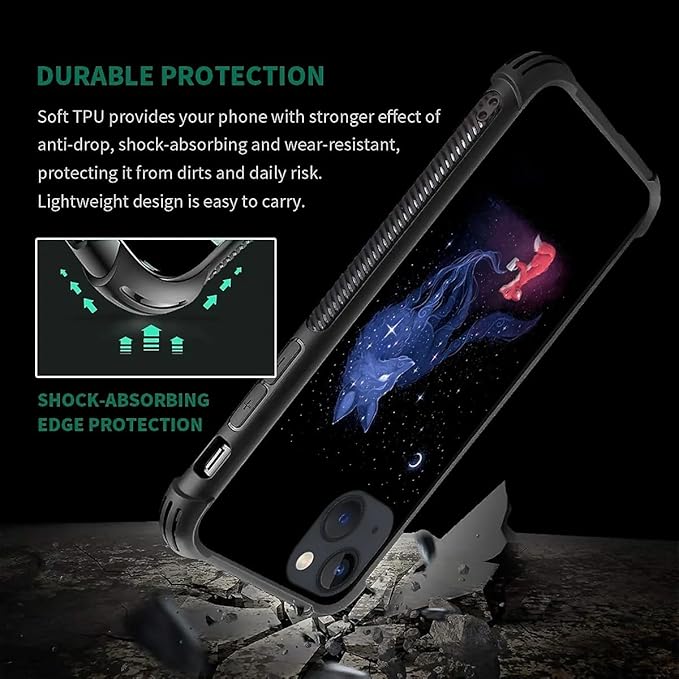 for iPhone 14 Case, Galaxy Fox Wolf Pattern Graphic Design Girl Boy Soft Silicone Hard Acrylic Shock Protection for iPhone 14
