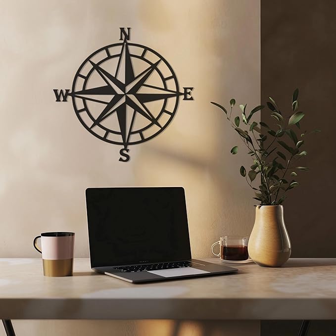 Violaura Compass Rose Metal Wall Art - Easy to Install Hanging Nautical, Directional, Adventure, Navigation, Compass Point, Explorers, Maritime, Wanderlust, Living Room Decor (24" x 24")