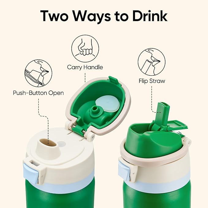 Fijinhom 24 oz Insulated Water Bottle with 2-in-1 Straw and Spout Lid, Stainless Steel Double Wall Vacuum Flask, Sports Water Bottle Keeps Cold 24H, Leak Proof for Gym, Outdoor, Travel (Green)