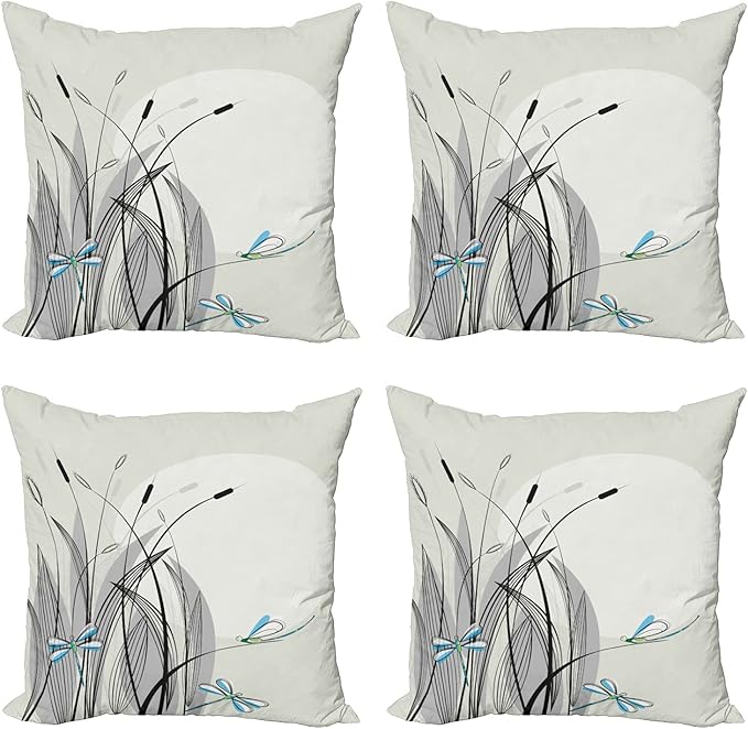 Ambesonne Dragonfly Decorative Throw Pillow Case Pack of 4, Dragonflies on Flowers and Branches Flourishing Nature Spring Time Predator, Cushion Cover for Couch Living Room Car, 24", Beige Charcoal