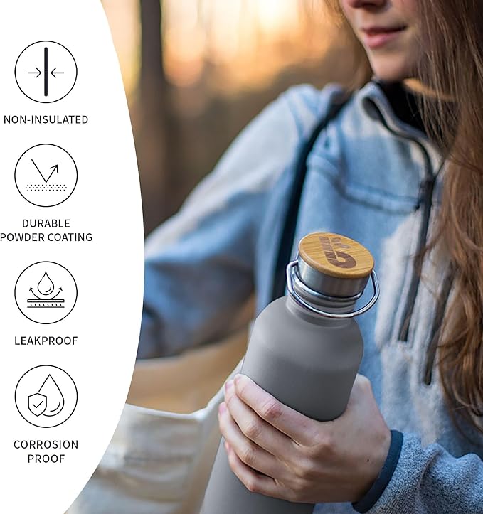 Bambaw 16 oz Water Bottle no Straw, Gray Single Wall Stainless Steel Water Bottle, Non-insulated Reusable Water Bottle BPA Free 16 oz, Small Water Bottle with Handle – Stormy Gray