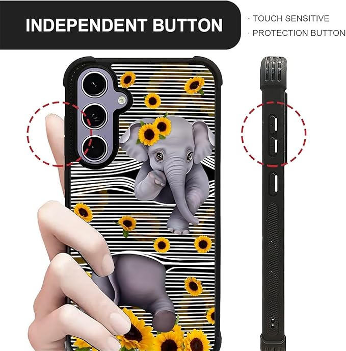 for Samsung Galaxy S24 S25 Case, Cute Little Elephant Sunflower White Line Art Pattern Graphic Design Girl Boy Soft Silicone Hard Acrylic Shock Protection for Samsung Galaxy S24 S25