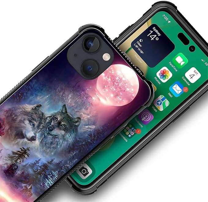 for iPhone 14 Case, Star Two Wolfs Howling Pattern Graphic Design Girl Boy Soft Silicone Hard Acrylic Shock Protection for iPhone 14