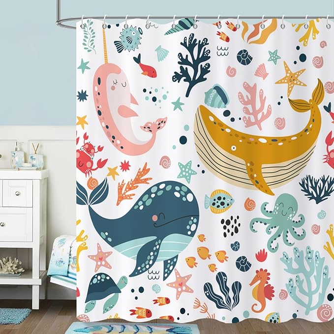 Kids Whale Shower Curtain, Funny Cute Ocean Fish Cartoon Sealife Under Sea Coral Starfish Bath Curtain Waterproof Fabric Machine Washable with Hooks, 72" Wx78 L