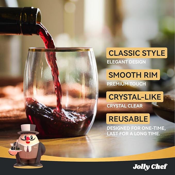 JOLLY CHEF 32 Pack 12oz Gold Plastic Wine Glasses Stemless, Disposable Wine Cupsty, Disposable Plastic Wine Cups for Party, Halloween, Christmas, Thanksgiving