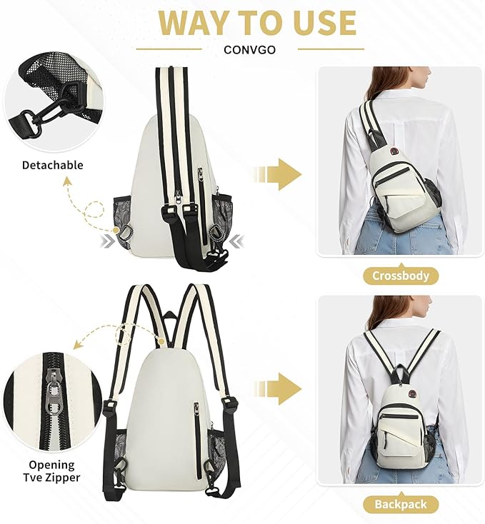 Crossbody Bag Casual Sling Bag for Men, Convertible Backpack, 3-in-1 Anti-Theft Shoulder Bag Trendy Daypack for Travel, Large, Beige