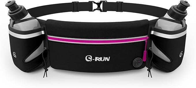 Q-RUN Hydration Running Belt with 2 x 10oz Water Bottles, No Bounce Adjustable Waist Belt for Men & Women, Marathon Running Gear