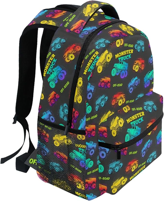 Wamika Monster Truck Kids Backpack Blue Racing Cars School Backpack Boy Girl Preschool Book Bag