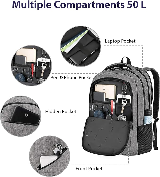 MATEIN 18 Inch Extra Large Laptop Backpack, 50 L Travel Backpack with Anti Theft Pocket & TSA Laptop Compartment for Men Women, Multiple Pockets Business Computer Carry On, Grey