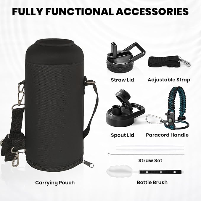 RAYMYLO Insulated Water Bottle 87 oz, Triple Wall Vacuum Stainless Steel (Cold for 48 Hrs), Leak Proof & Non-BPA, Modern Water Flask Jug with Paracord Handle & Straw Spout Lids, Indigo/Black