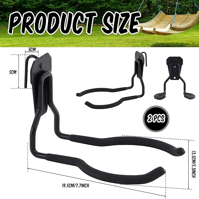 MorningRo 2 Pack Shed Accessories Multi Purpose Shed Hooks Metal Power Tool Holder for Large or Small Tools or Shovels, Black (Arched Shape)