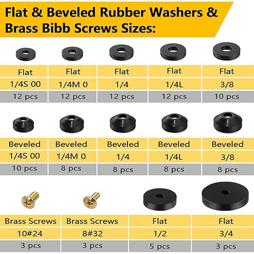 114-Piece 12 Sizes Faucet Washer Assortment Kit - Flat & Beveled Rubber Washers & Brass Bibb Screws for Outdoor Spigot, Hose Bib, Garden Valve Repair Replacement
