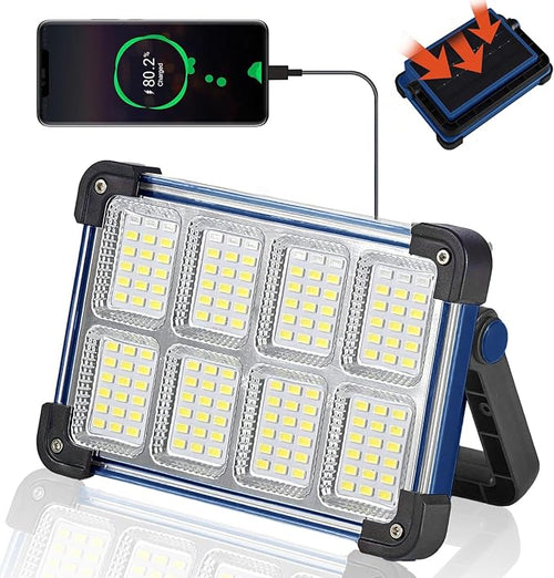 120W Solar Rechargeable Work Light, 144 LED Portable Flood Light with Stand, IP66 Waterproof 4 Modes LED Job Site Lighting Flashlights for Mechanic Camping Fishing Car Repair(Blue 1 Pack)