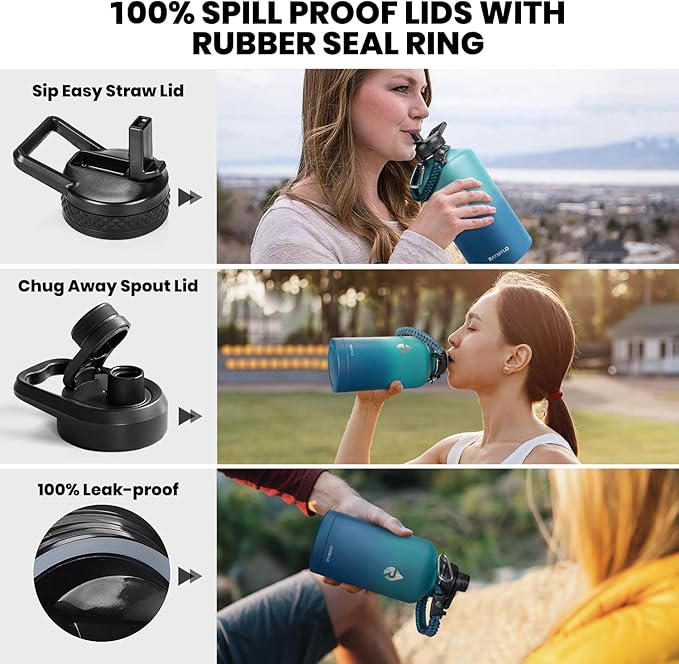 RAYMYLO One Gallon Water Bottle Insulated, Triple Walled Vacuum Stainless Steel (Cold for 48 Hrs), Leak Proof & Non-BPA, Large Water Flask Jug with Paracord Handle & Straw Spout Lids