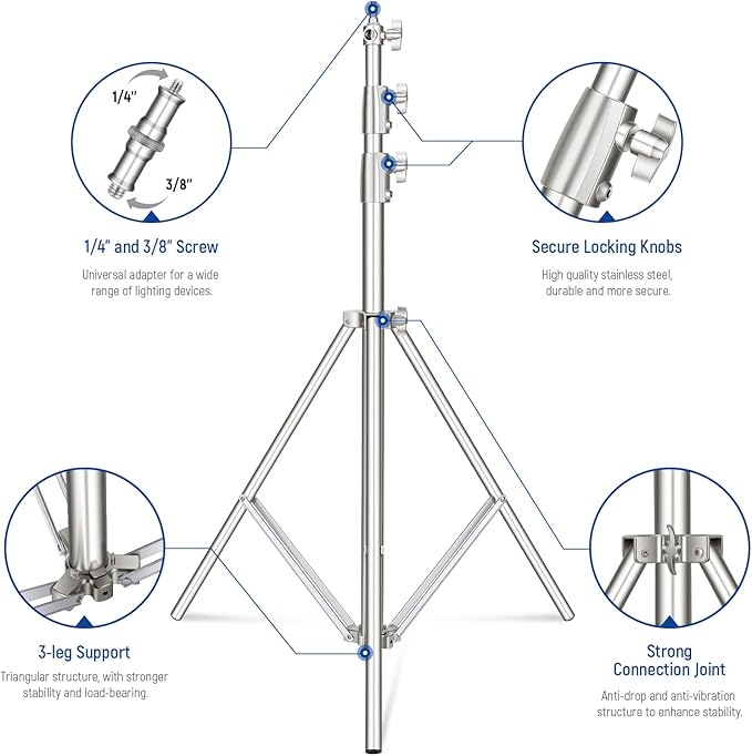 NEEWER 9.2ft/2.8m Stainless Steel Light Stand, Spring Cushioned Heavy Duty Photography Tripod Stand with 1/4” to 3/8” Universal Screw Adapter for Strobe,LED Video Light,Ring Light,Monolight, Softbox