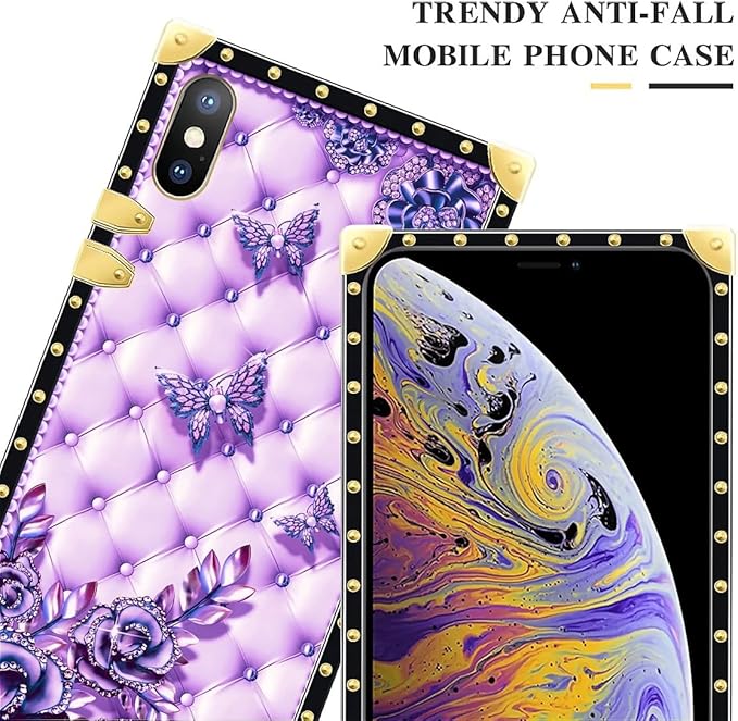 Compatible with iPhone Xs Max Case, Purple Butterfly Flowers Leaf Luxury Golden Decoration for Girl Women Soft TPU Shockproof Protective Hard PC Back for iPhone Xs Max