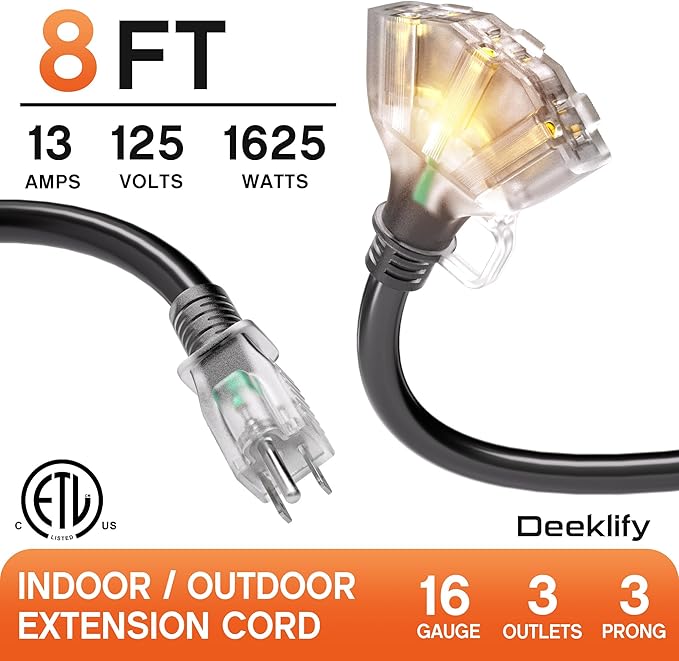 8 ft 16/3 awg 3 Outlet Extension Cord Splitter with Indicator, Waterproof Indoor/Outdoor Extension Cord with Multiple Outlets, 13A 1625W for Home & Workshop, ETL Listed, Flexible Black SJTW