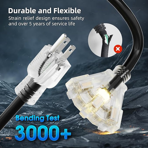 15 FT Outdoor Extension Cord with Multiple Outlets, 12 Gauge Heavy Duty Black Extension Cord Waterproof with 3 Outlet, 3 Prong Power Cord for Garden and Home Use Indicator Light, ETL Listed