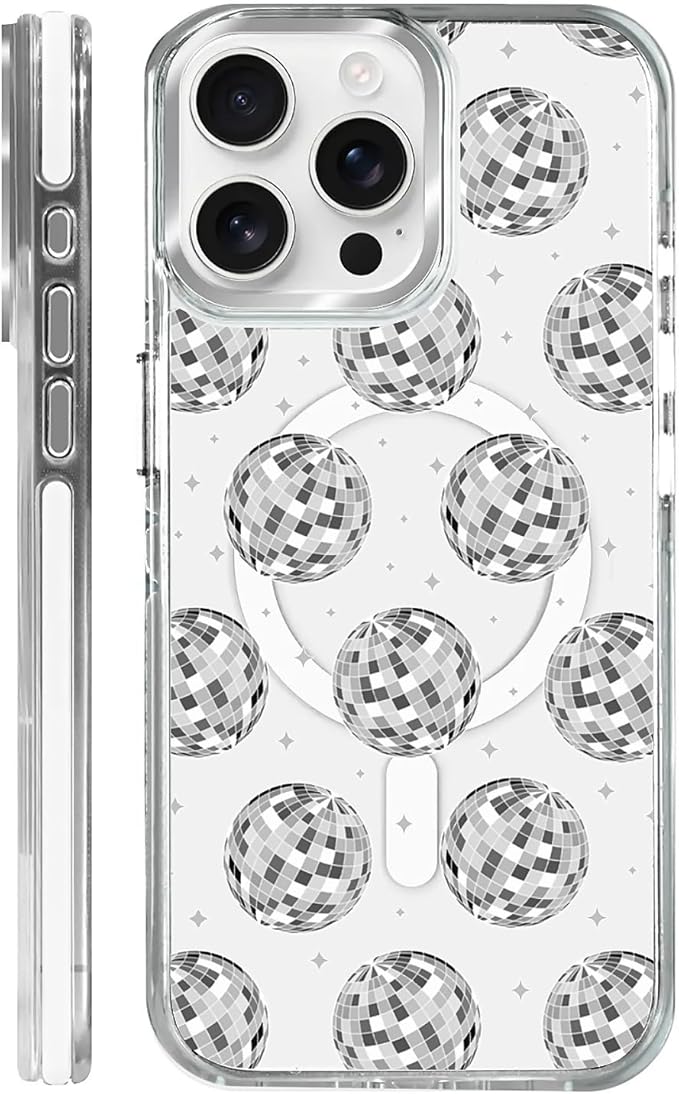 Case for iPhone 15 Pro,[Compatible with MagSafe],Disco Ball Grayish White Phone Case Design，for Women Girls Magnetic Clear Cover - Slim, Sleek, & Shockproof Protection