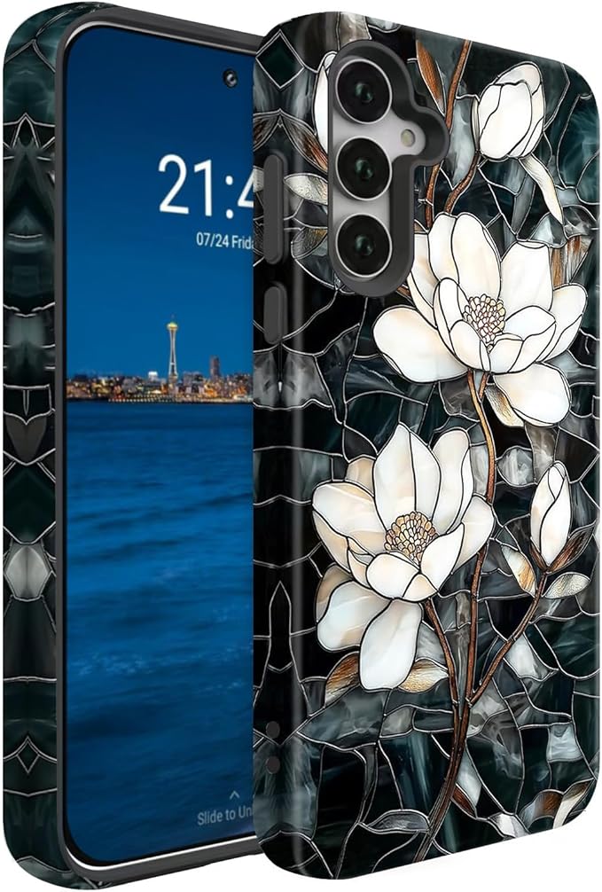 Compatible for Samsung Galaxy A27 5G Case, Dual Layer Heavy Duty 2 in 1 Shockproof Protective Phone Case,Stained Glass White Magnolia