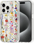 MOSNOVO Case for iPhone 15 Pro, [Buffertech 6.6ft Military-Grade Drop Protection] [Anti Peel Off Tech] Clear TPU Bumper Phone Case Cover Design - Wildflower Meadow