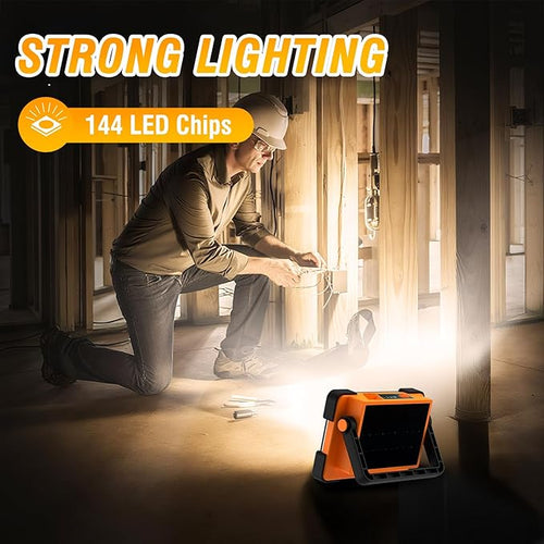 120W Solar Rechargeable Work Light, 144 LED 10000LM Led Work Light with 4 Modes, Portable Flood Light with Stand, IP66 Waterproof Outdoor Working Light for Emergency Mechanic Camping Repair (Yellow)