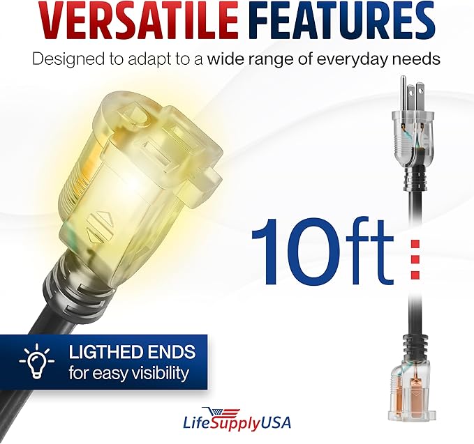 10ft Outdoor/Indoor Extension Cord 12/3 Gauge Extra Heavy Duty 3 Prong SJTW, Waterproof, Flexible Cold-Resistant Long Power Cord,15A 125V 1875W, Black by LifeSupplyUSA
