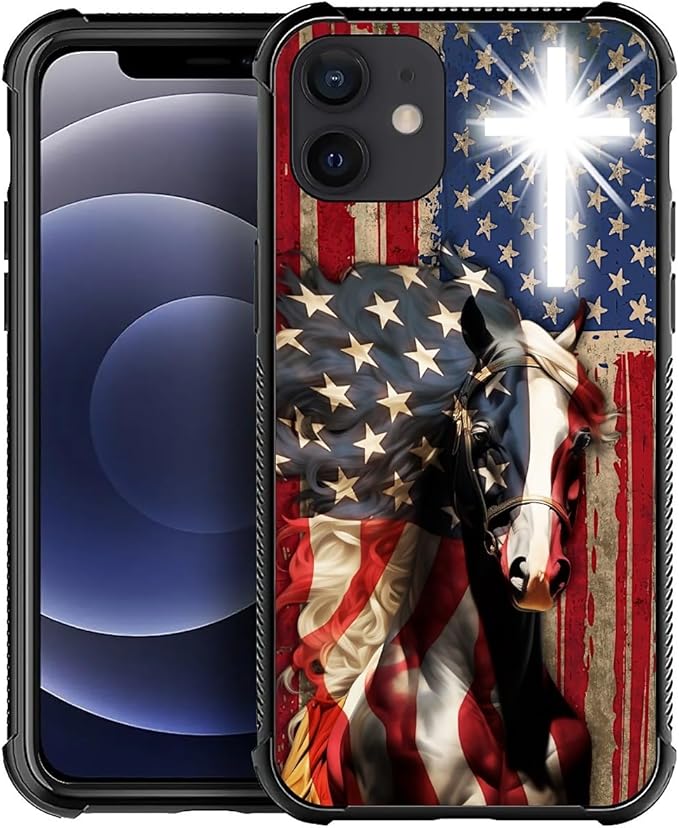 for iPhone 12 Mini Case, Red American Flag Horse Cross Pattern Made of Soft Silicone Hard Acrylic Shock Protection for iPhone 12 Mini