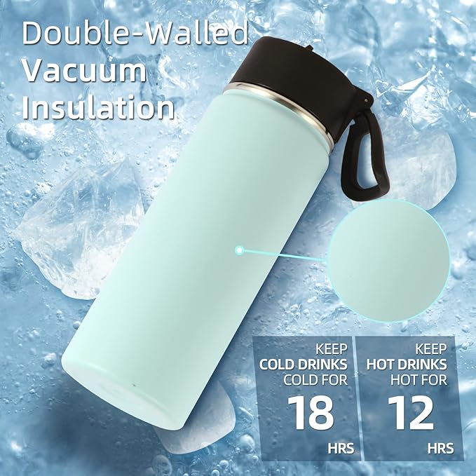Volhoply 18oz Kids Insulated Water Bottle,Stainless Steel Water Bottles with Straw Lid,Wide Mouth Reusable Metal Water Bottle,Double Wall Vacuum Sports Travel Flask For Cold Drink(Fog,1 Set)