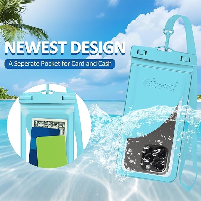 Waterproof Phone Case, with Inside Card Holder, Large Waterproof Pouch for iPhone 17 16 15 14 13 Pro Max, IPX8 Certified Cellphone Travel Accessories for Vacation Must Haves, 1 Pack-Blue-8.3″