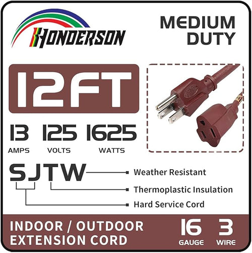 12FT Brown Outdoor Extension Cord-16/3 SJTW Durable Extension Cord for Christmas Lights with 3 Prong Grounded Plug, Great for Outside Christmas Decorations