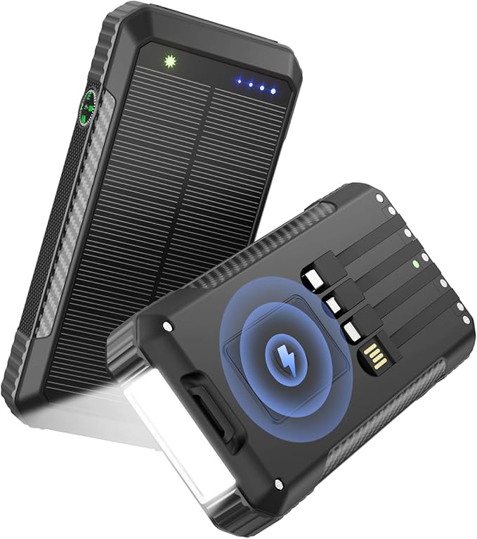 Solar Power Bank 33800mAh Wireless Portable Charger with Built-in 4 Cables, Fast Charging Battery Pack with 7 Outputs,4 Inputs, LED Camping Flashlight,Compass(Black)