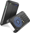 Solar Power Bank 33800mAh Wireless Portable Charger with Built-in 4 Cables, Fast Charging Battery Pack with 7 Outputs,4 Inputs, LED Camping Flashlight,Compass(Black)